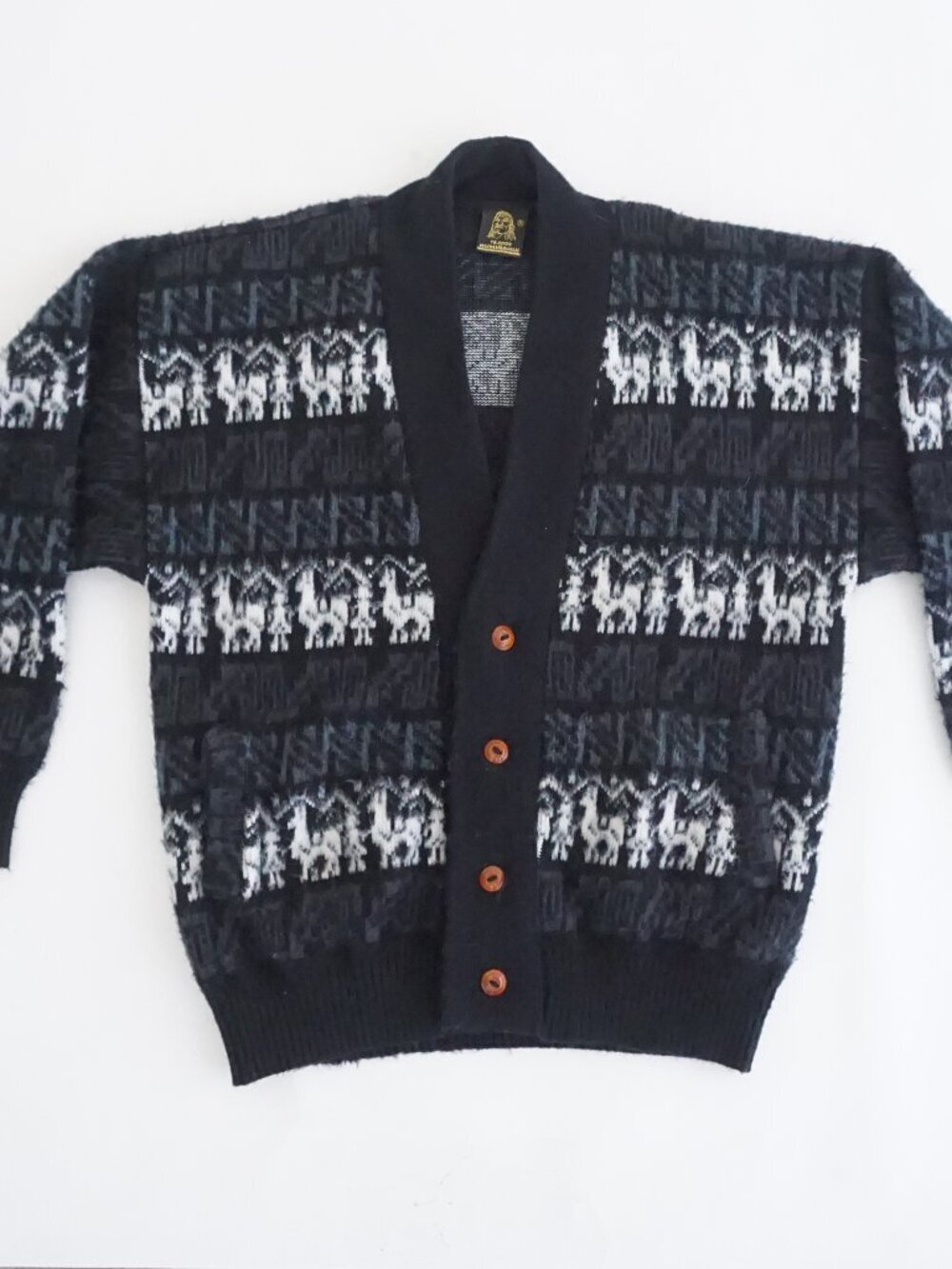 Tejidos Ruminahui Black Alpaca Llama Fair Isle Wool Cardigan Sweater Jacket XL